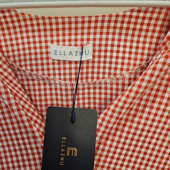 Ellazhu Womens Red White Gingham Long Oversized Button-Up Dress W/ Black Ribbon - Picture 2 of 8
